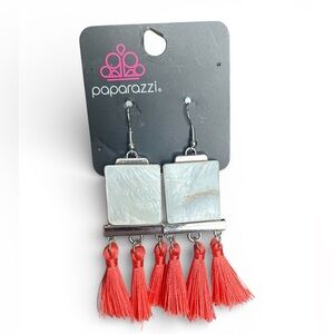 Paparazzi Silver Marbled Square and Coral Tassel Earrings